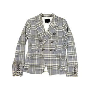 Banana Republic Gray Yellow Plaid Double Breasted Crest Button Blazer Womens 2